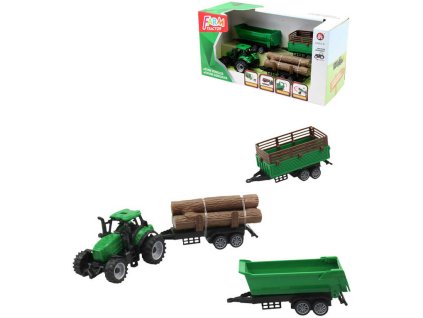 Traktor zelený se 3 přívěsy a kládami dřeva herní set v krabici plast