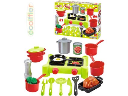 ECOIFFIER Baby vařič velký plastový set 21ks s nádobím a potravinami v krabici