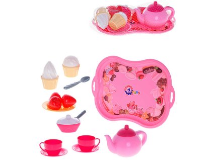 Čajový set dětské nádobíčko s podnosem a sladkostmi 15ks v síťce plast