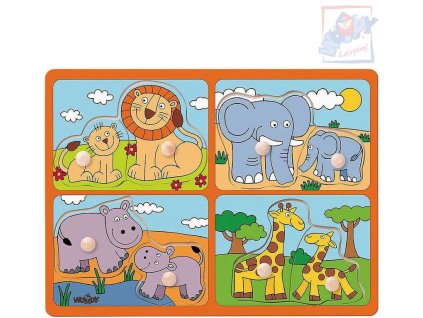 WOODY DŘEVO Baby puzzle s úchyty mláďata 4x2 dílky na desce pro miminko