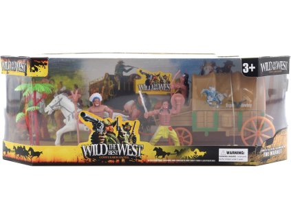 Divoký západ herní set figurky indiáni s koněm a vozem plast v krabici