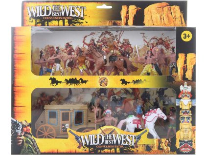 Divoký západ westernový set kočár se 3 koni a indiány plast v krabici