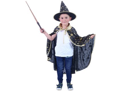 KARNEVAL Plášť kouzelnický černý + klobouk vel.S (104-128cm) 3-8 let *KOSTÝM*