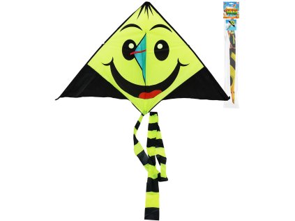 Drak létající smíšek 140cm žlutočerný smajlík s třásněmi nylonový