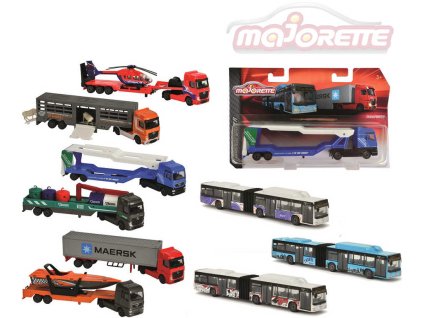MAJORETTE Autobus kloubový / nákladní auto s přívěsem volný chod kov 9 druhů
