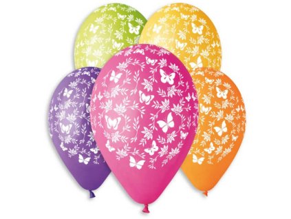 GEMAR Balónek nafukovací 30cm potisk MOTÝL set 5ks různé barvy v sáčku