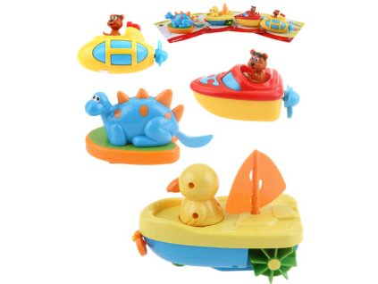 Lodička se zvířátkem baby natahovací do vody 12-14cm plave ve vodě 4 druhy