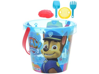 Pískový set Tlapková Patrola kyblík transparentní se sítkem a 2 nástroji