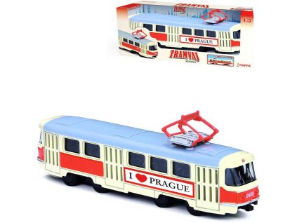 Tramvaj česká kovová 16cm zpětný chod I Love Prague model v krabici