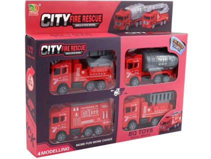 Auto hasiči 13cm zpětný chod hasičské vozidlo set 4ks v krabici plast