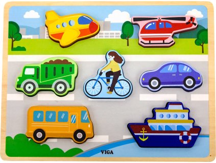 VIGA DŘEVO Vkládačka baby puzzle vkládací na desce doprava 7 dílků