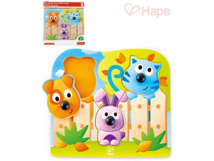 HAPE DŘEVO Baby puzzle vkládací s úchyty domácí zvířátka 3 dílky na desce