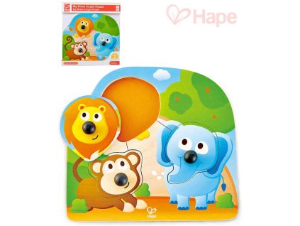 HAPE DŘEVO Baby puzzle vkládací s úchyty zvířátka džungle 3 dílky na desce