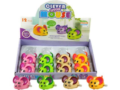 Myška natahovací na klíček plastová na kolečkách vrtí ocáskem 4 barvy