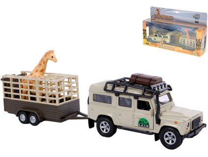 Auto kovové Land Rover Defender zpětný chod Safari set s přívěsem a žirafou