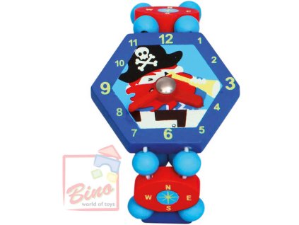 BINO DŘEVO Hodinky dětské modré Pirát *DŘEVĚNÉ HRAČKY*