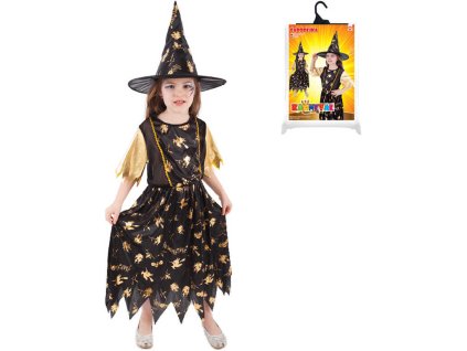 KARNEVAL Šaty čarodějnice černo-zlatá vel.S (105-116cm) 4-6 let *KOSTÝM*