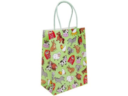 Taška dárková zelená domácí zvířata Farma 16x22x9cm papírová