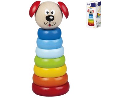 DETOA DŘEVO Baby pyramida navlékací věžička pejsek duhová