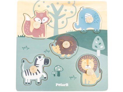 VIGA DŘEVO PolarB Baby puzzle vkládací Zvířátka na desce s úchyty 5 dílků