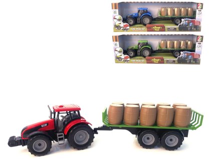 Traktor farmářský na setrvačník s přívěsem s balíky sena 3 barvy plast