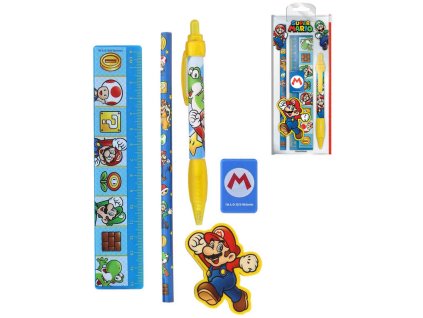 Školní pomůcky set 4ks Super Mario s pravítkem a propiskou