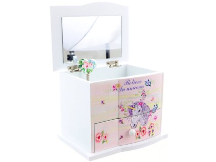 DŘEVO Šperkovnice jednorožec s melodií na natažení se zrcátkem