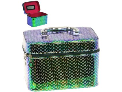 Kufřík dětský kosmetický vel. M se zrcátkem na zip zelenomodrý třpytivý