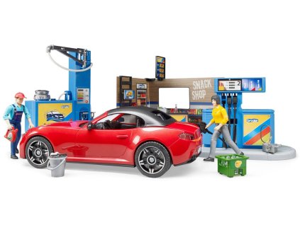 BRUDER 62111 Bworld Čerpací stanice herní set s autem a figurkami