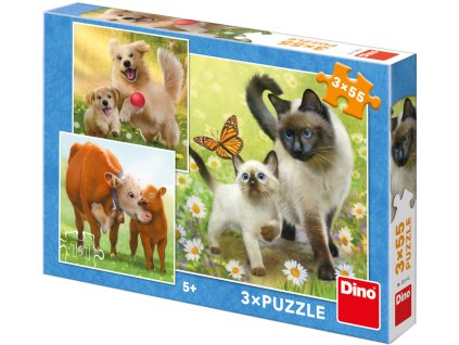 DINO Puzzle Zvířátka rodinka 3x55 dílků 18x18cm skládačka