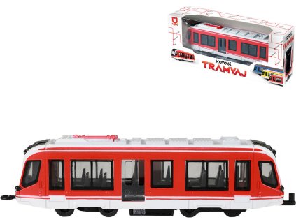 Tramvaj červená kovová MHD Městská hromadná doprava zpětný chod