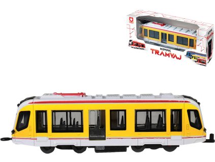 Tramvaj žlutá kovová MHD Městská hromadná doprava zpětný chod