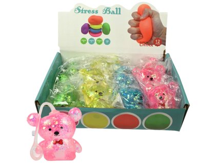 Medvídek antistresový gelový s mašlí mačkací se třpytkami 4 barvy