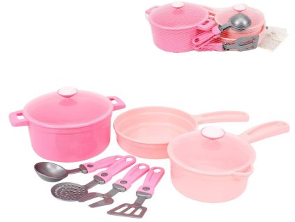 Nádobí baby dětské růžové set 2 hrnce s pánví a doplňky plast