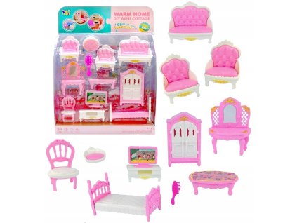 Nábytek růžovobílý doplněk do domečku pro panenky set 12ks plast