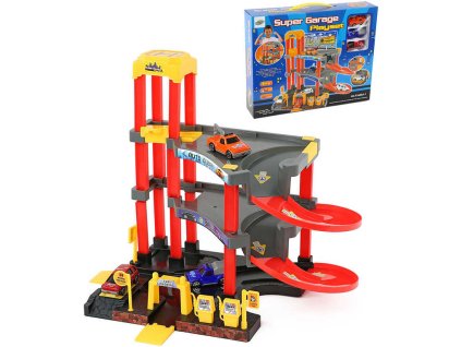 Garáž 2 patra s výtahem + 3 autíčka set s doplňky plast v krabici