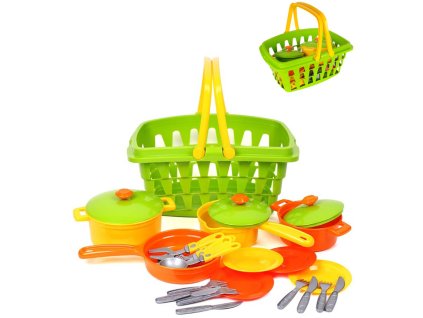 Kuchyňský set dětské barevné nádobí s nákupním košíkem 23ks plast