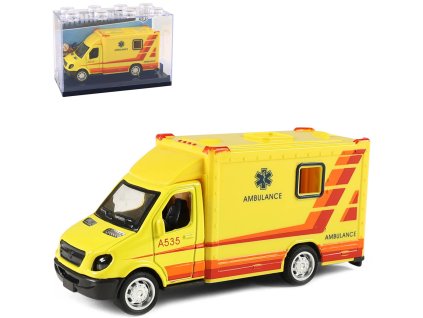 Auto sanitka kovová žlutá ambulance zpětný chod v plastovém boxu