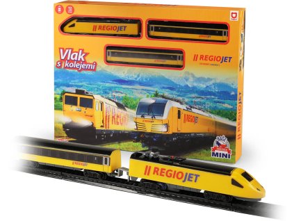 Vlak s kolejemi Mini RegioJet Naše železnice lokomotiva + 2 vagony na baterie