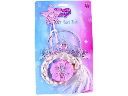 KARNEVAL Sada princezna růžová cop korunka hůlka KARNEVALOVÝ DOPLNĚK