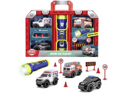 DICKIE Mikro záchranářská vozidla 3ks s baterkou a doplňky na baterie Světlo