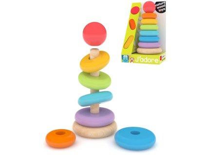 JADORE DŘEVO Baby pyramida navlékací věžička duhové kroužky
