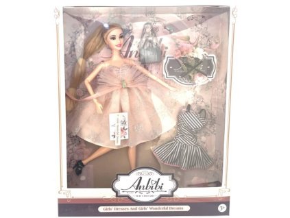 Panenka Anbibi růžové šaty dlouhé vlasy s culíkem set s doplňky