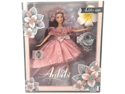 Panenka Anbibi růžové šaty dlouhé tmavé vlasy set s doplňky