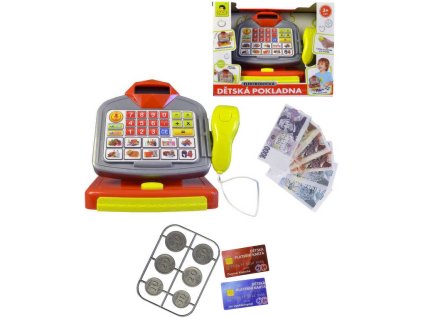 Pokladna dětská na baterie 20cm set s penězi CZ Světlo Zvuk
