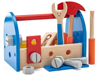 WOODY DŘEVO Set dětské pracovní nářadí veselé 18ks v přenosném boxu