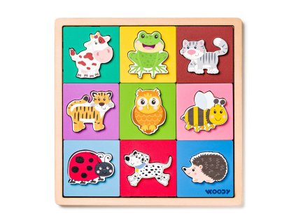 WOODY Puzzle se zvířátky, tvary - barva dřevěné