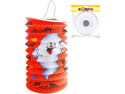 Lampión oválný červený Halloween duch papírový 15cm na svíčku