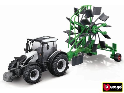 Bburago Farm 10cm Tractor with Deluxe Trailer - Valtra N174 - Whirl Rake