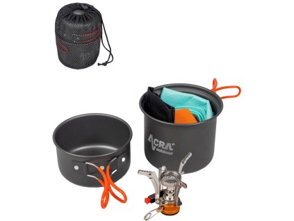 ACRA Camping set nádobí 2x ešus + plynový hořák s doplňky C23